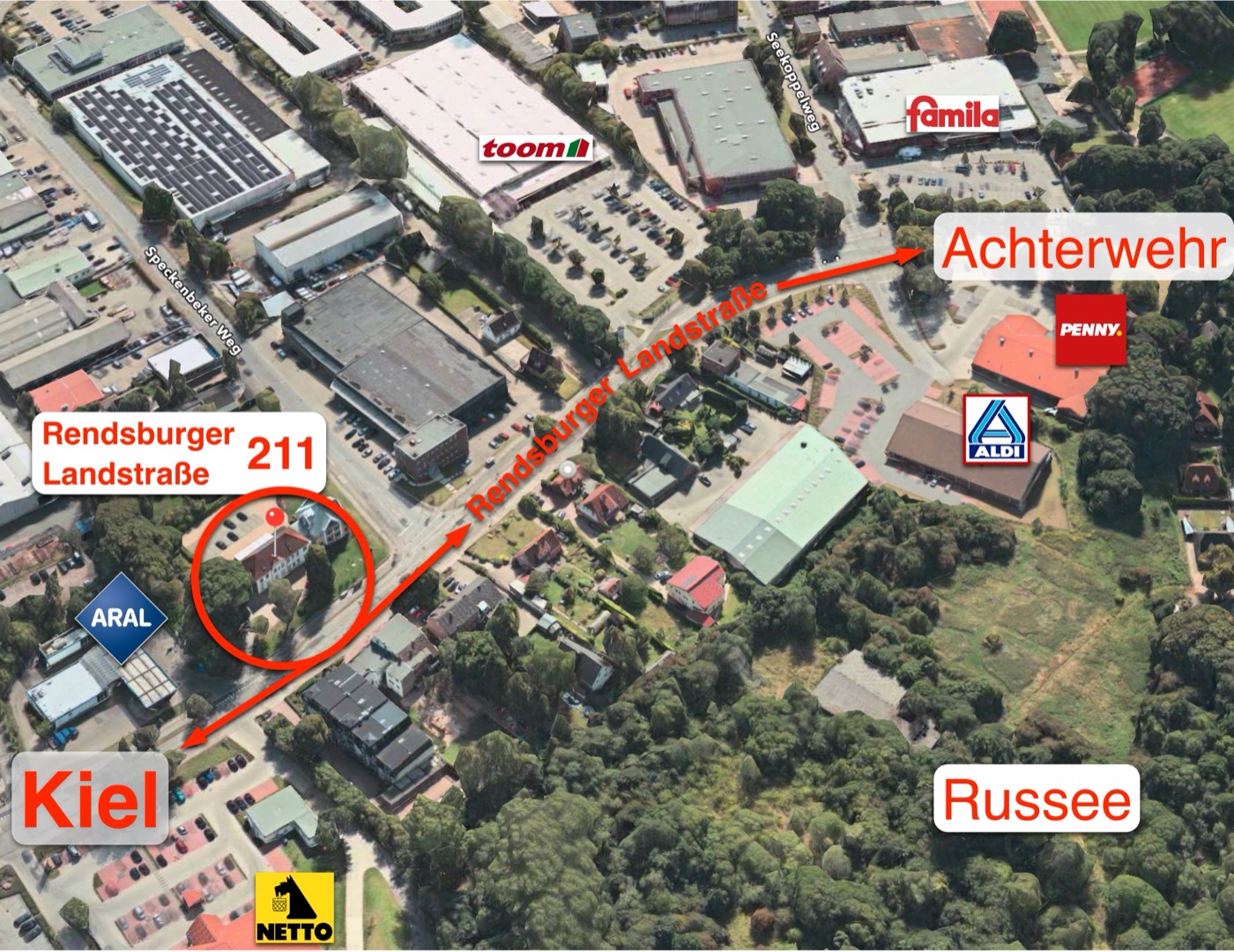 Anfahrt: Rendsburger Landstraße 211 in Kiel-Russee